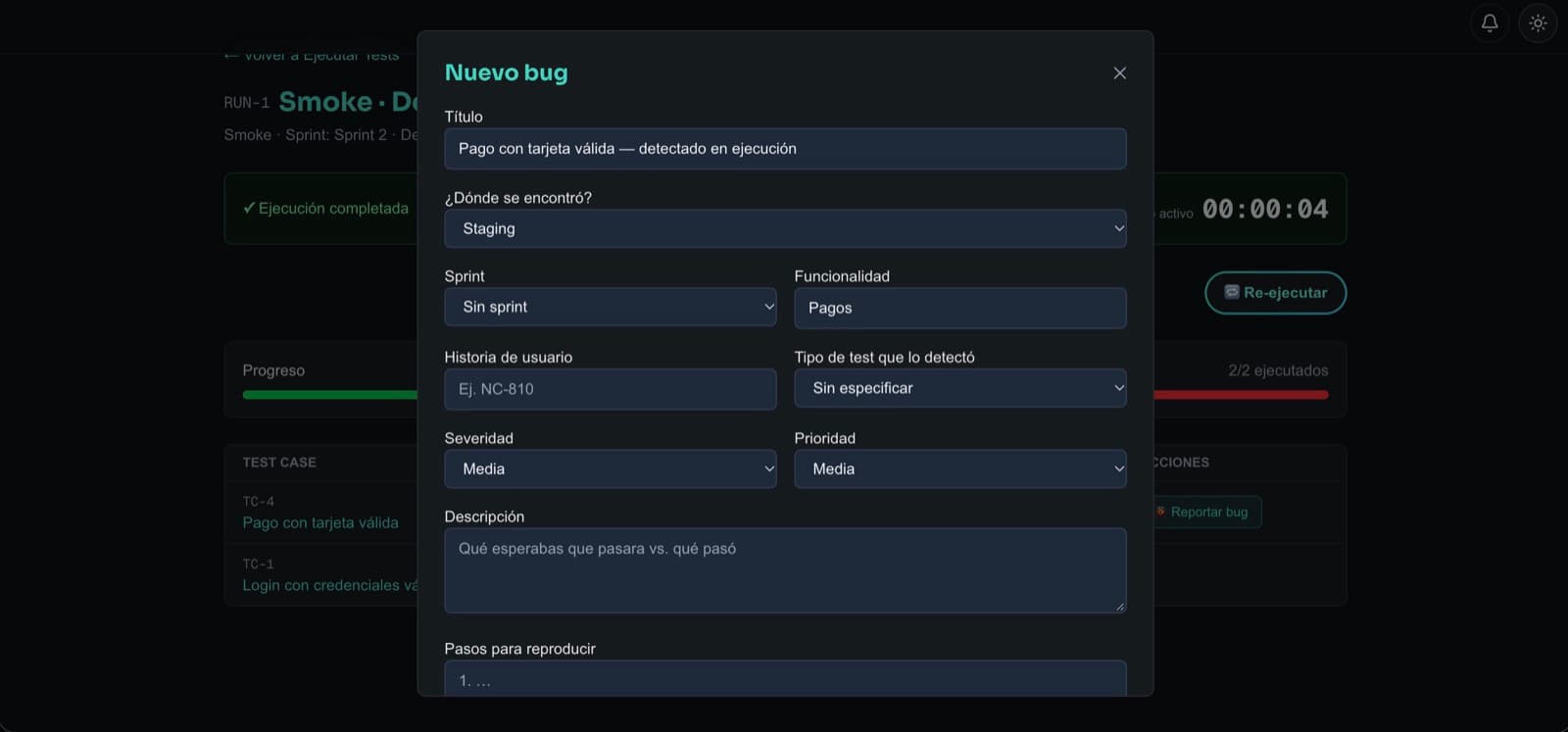 Formulario de nuevo bug en Lupa abierto desde una ejecución, con entorno, sprint y funcionalidad