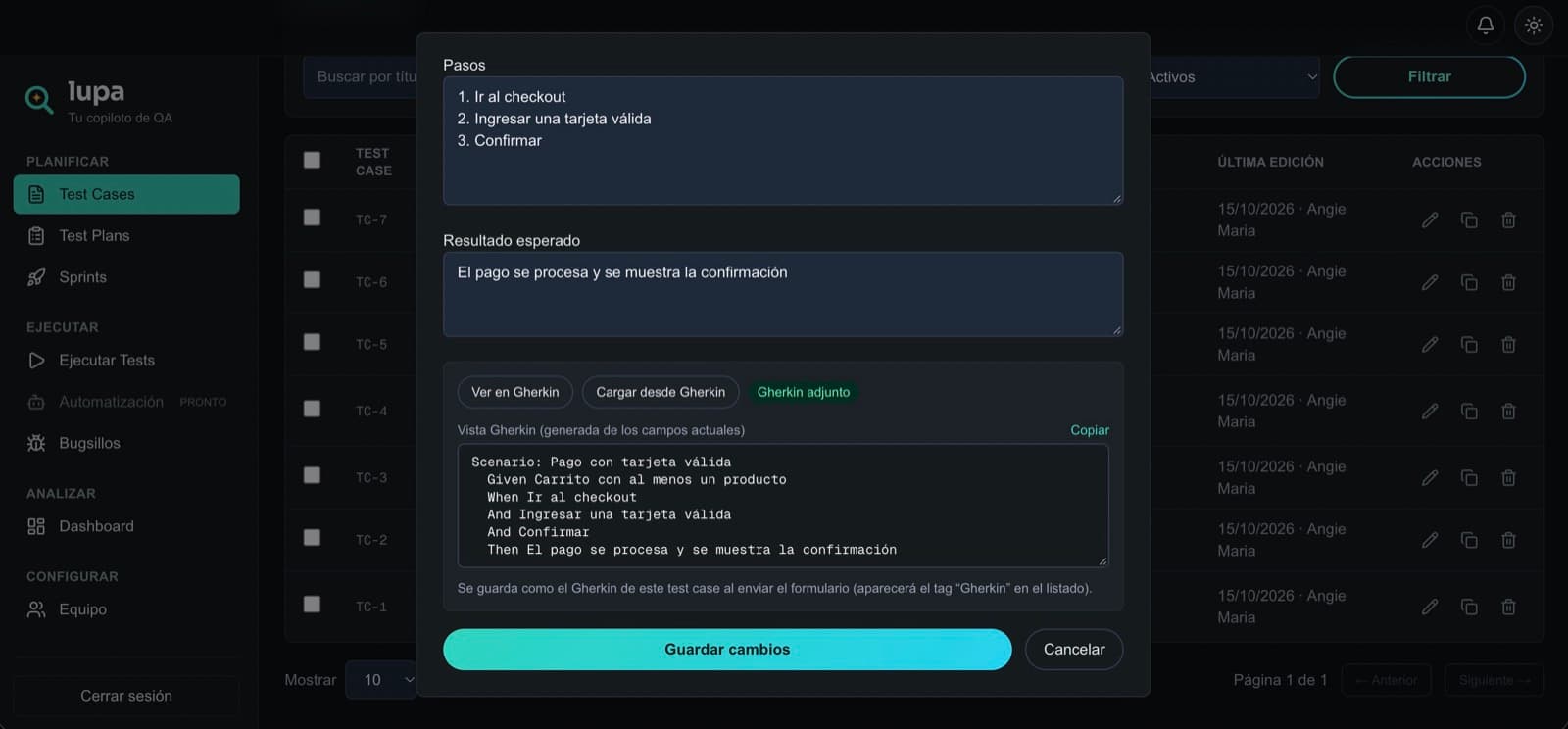 Test case en Lupa con su vista Gherkin generada automáticamente