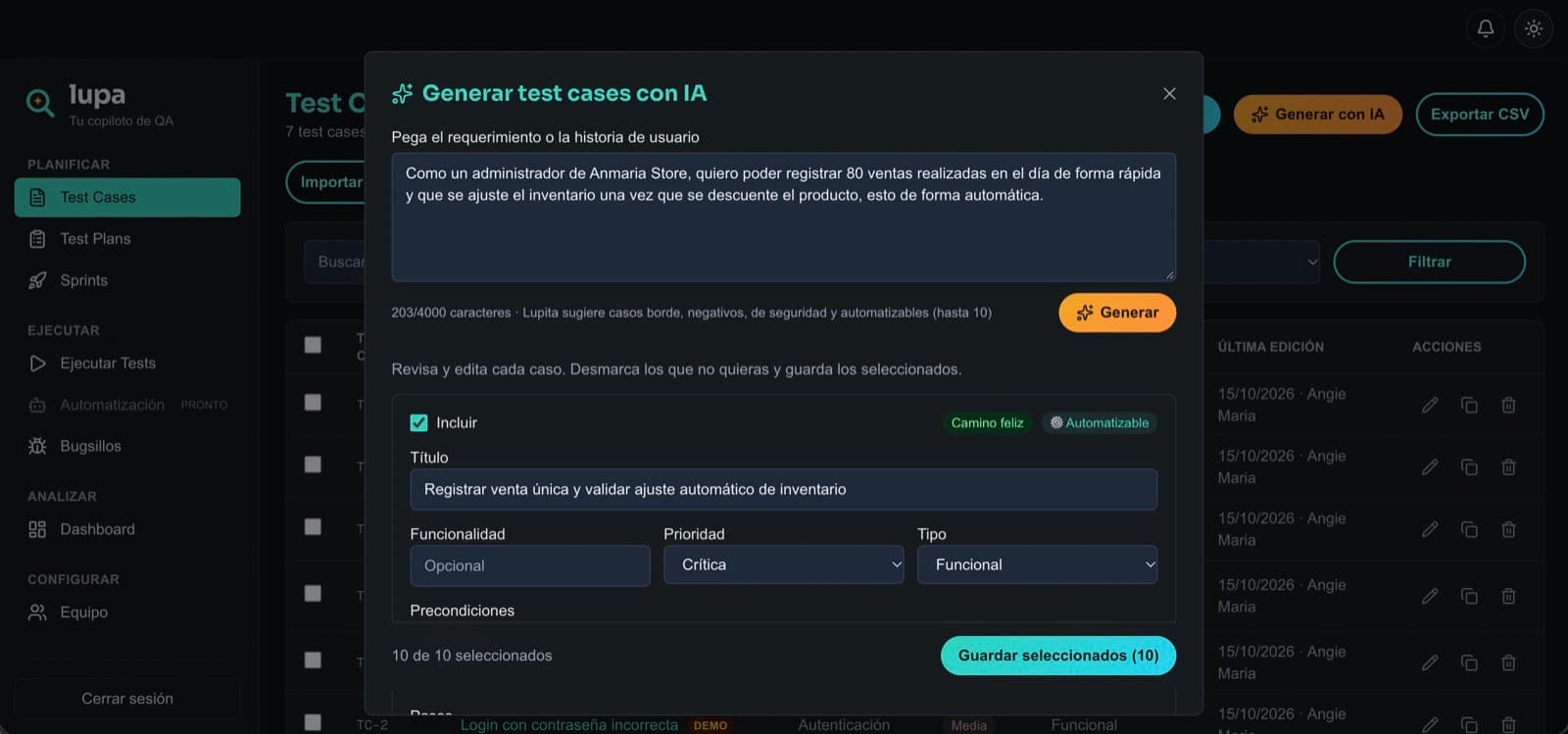 Modal de Lupa generando test cases con IA a partir de una historia de usuario